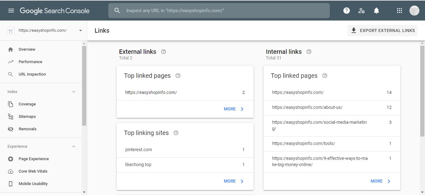 show Google Search console links 