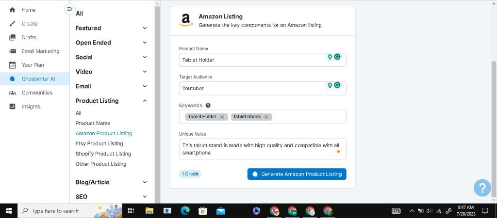 Amazon product listing using tailwind ghostwriter